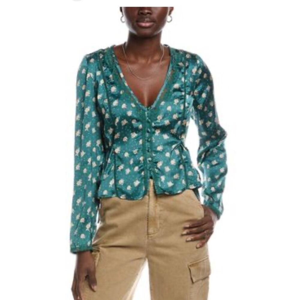 NEW Free People field of roses green satin lace top size extra small